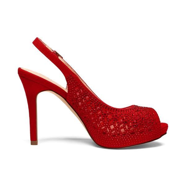 Peep Toe Rhinestone Pumps - RED SUEDE - 2